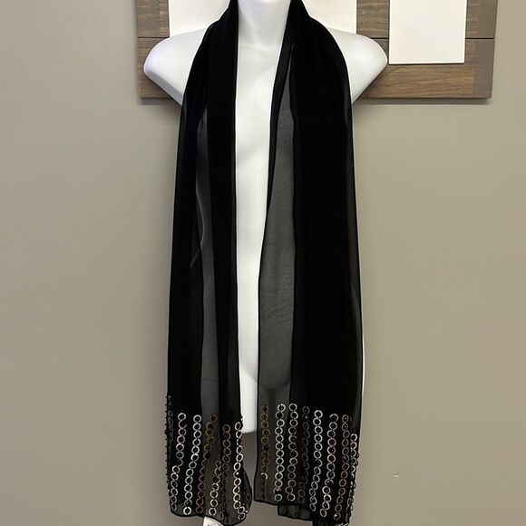 Steve Madden Sheer Black Scarf with Mixed Metal and Black Beads/Gem Accents-OS - Picture 1 of 11